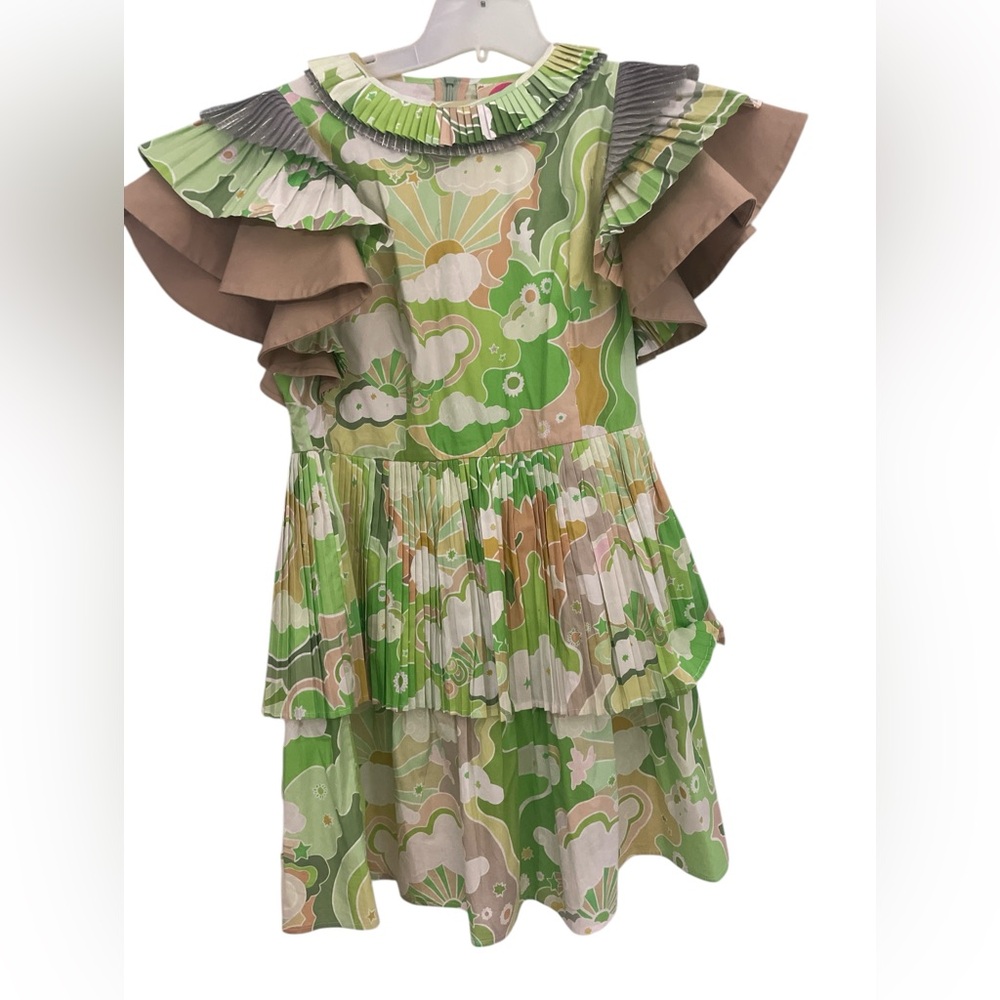 Celia B Ava Pleated Mini Dress Green silver Sun Cloud Moon Flutter Sleeve M RARE - Picture 3 of 5